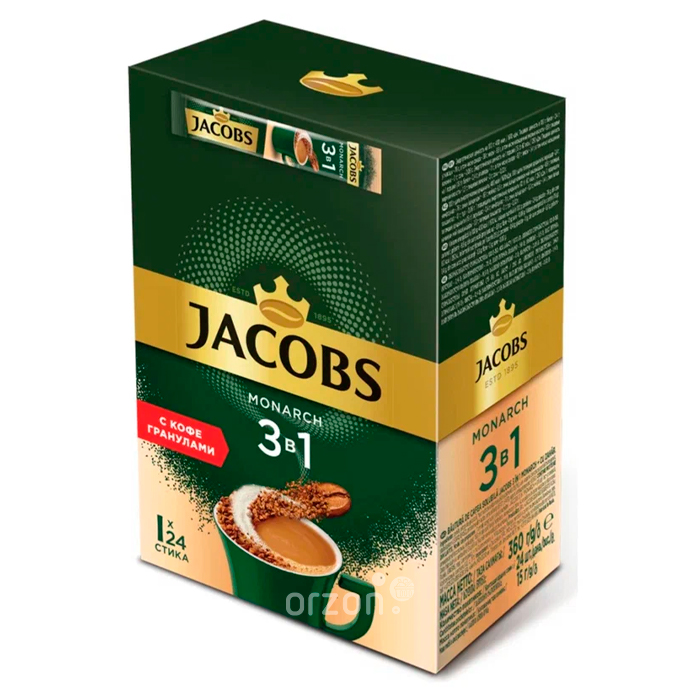 Кофе "Jacobs"  Monarch 3в1 с кофе гранулами (15 гр х 24 шт) 1 уп от интернет магазина орзон