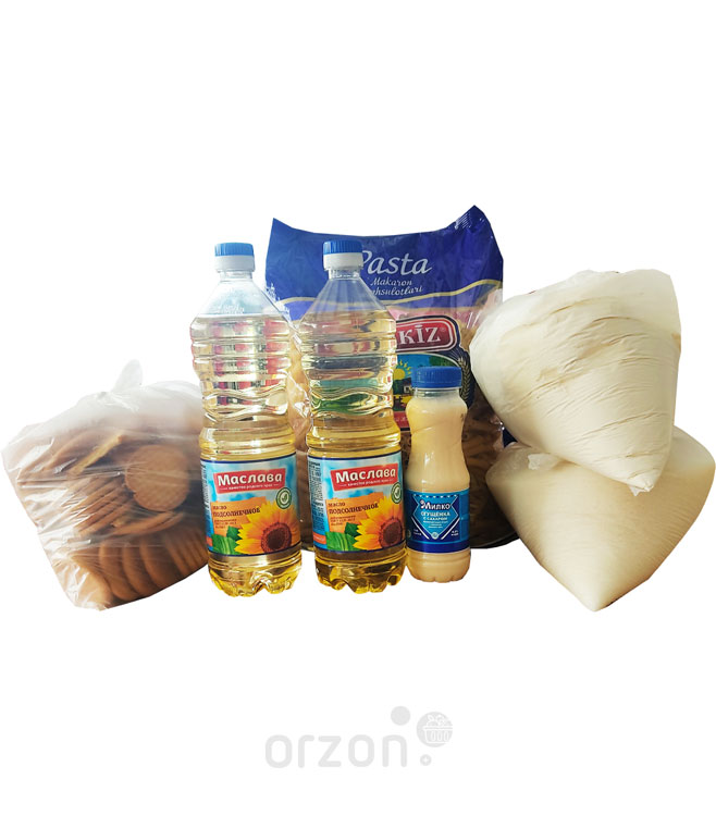 Продуктовый сет "Помоги ближнему" (мука2, сахар2,макарон2,масло2,сгущёнка1,печенье1) от интернет магазина орзон