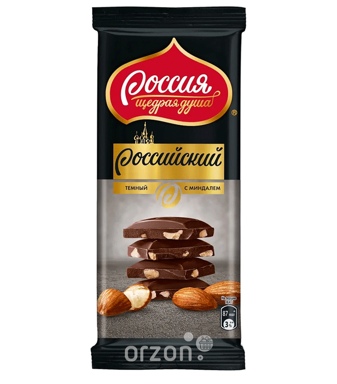 Шоколад плиточный "Россия" Темный с миндалем  82 гр