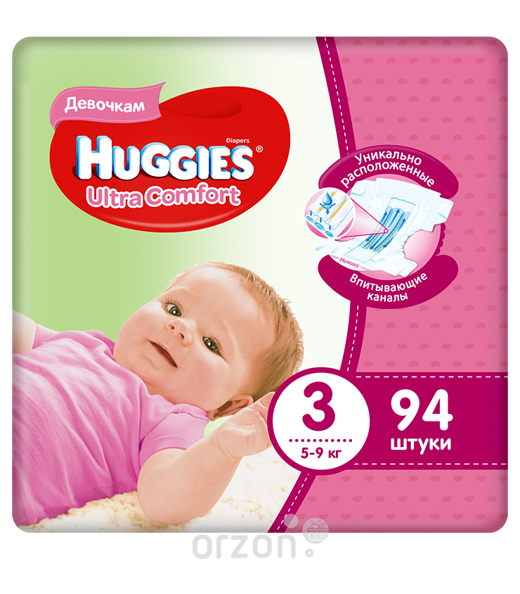 Подгузники "Huggies" Ultra Comfort для девочек 3 (5-9кг) 94 шт