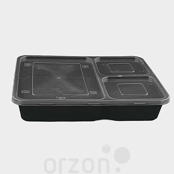 Одноразовая посуда Квадратный контейнер 3-х секционный с крышкой (1000 мл) Food pack . Цвет: черный ( в 1 упаковке 10 dona)